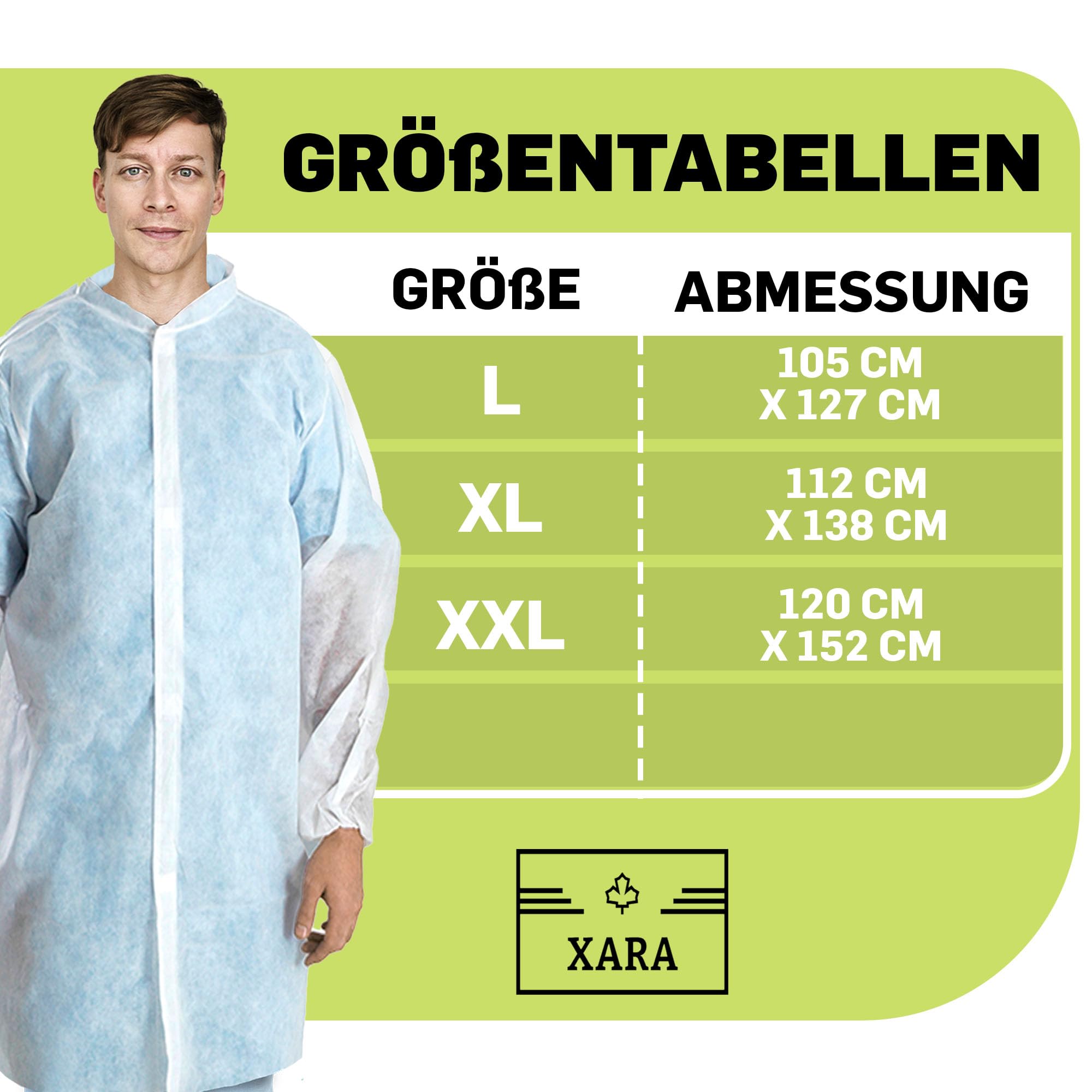 XARA Schutzkittel Einweg - Einweg-Schutzkittel – Einwegkittel – Einheitsgröße - Größe XL -112 x 138cm - TNT Polypropylen 35 gr - Einwegkittel mit Kontaktverschluss - Atmungsaktiv - 10 Stück