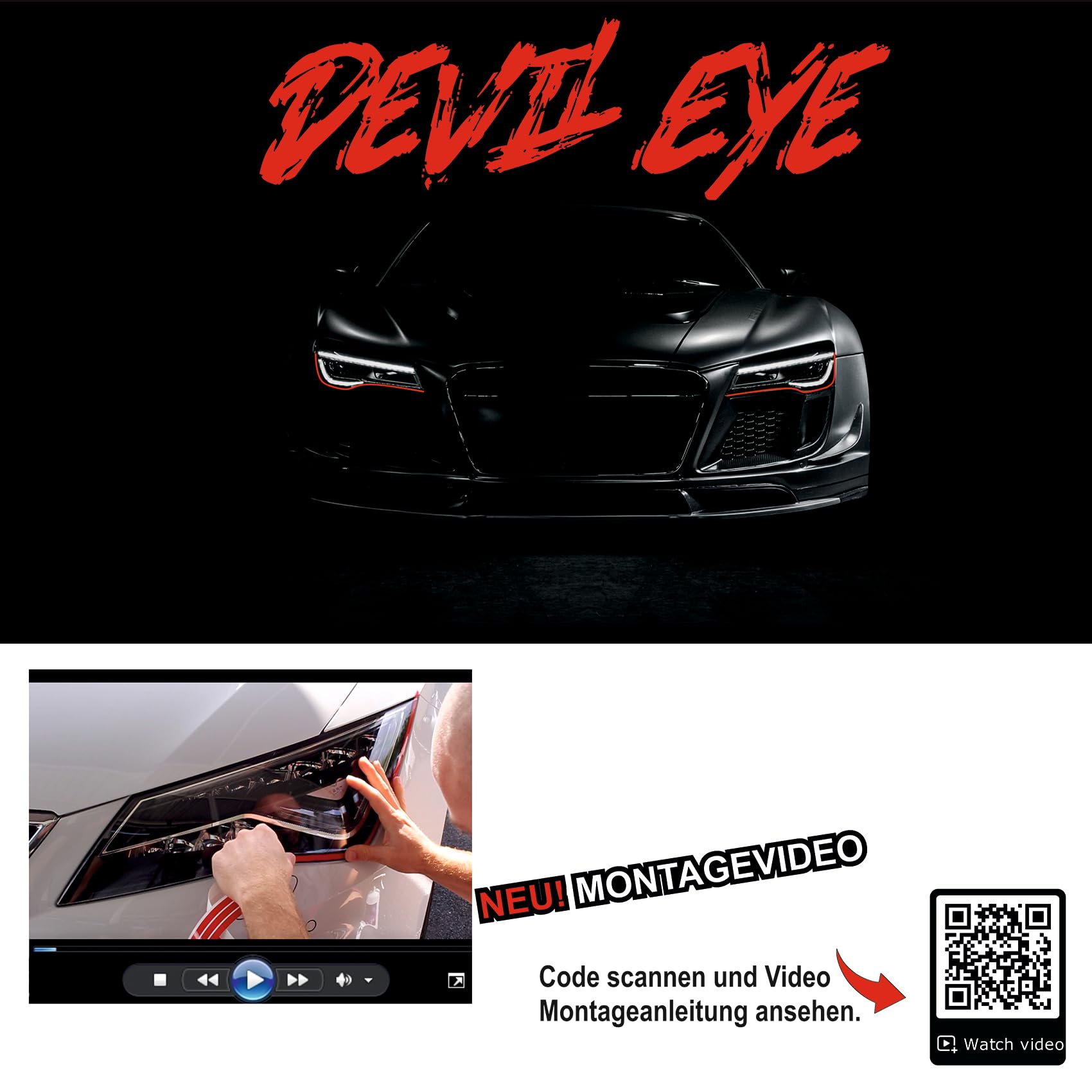 Devil Eye® folia na reflektory, czerwona, paski ozdobne, listwa dekoracyjna, folia elastyczna do reflektorów samochodowych, akcesoria samochodowe, samoprzylepna KX004 (kompatybilna z Tesla Model 3 od