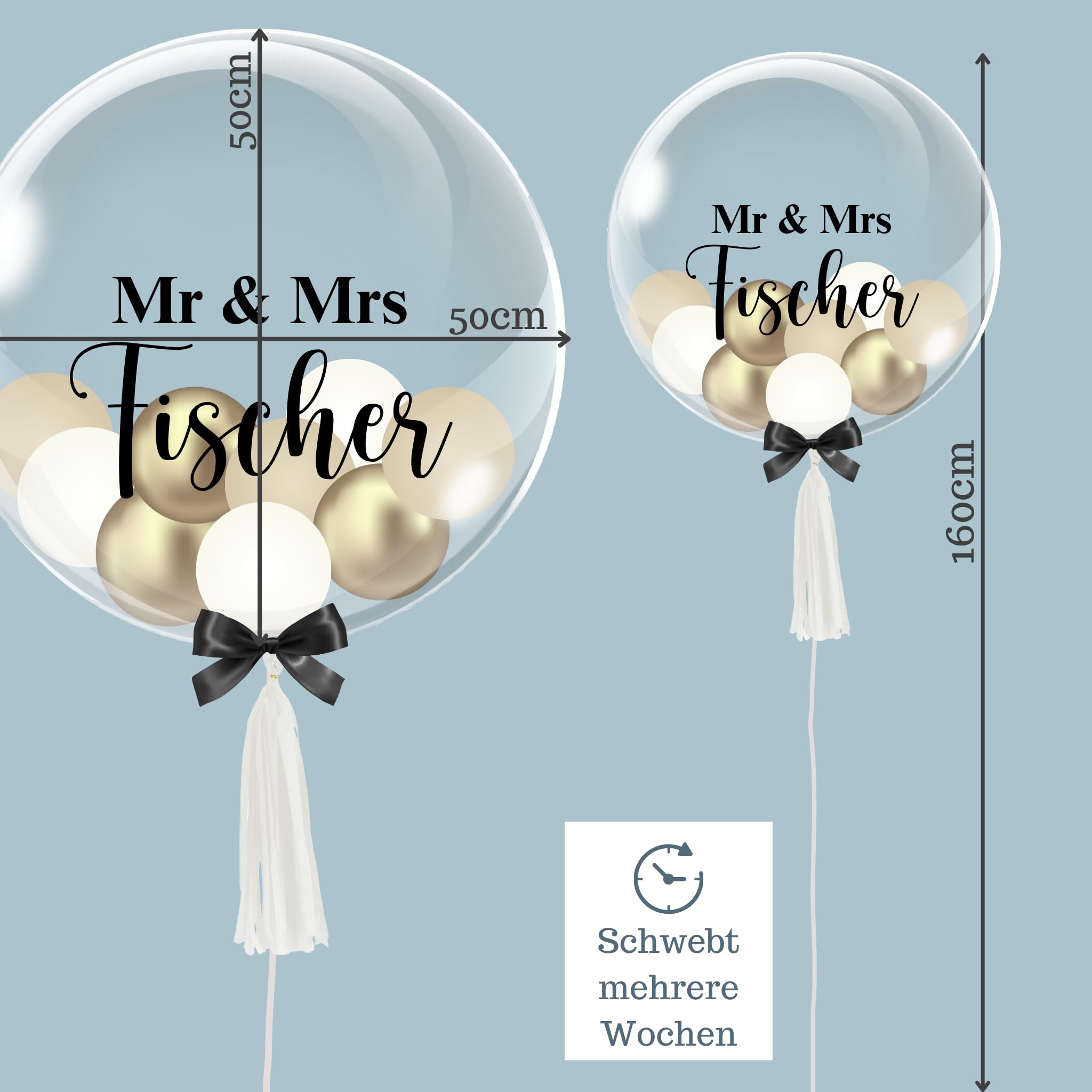 Mr & Mrs - Bubble Fabrik - Personalisiertes Ballongeschenk: Durchsichtiger Heliumballon mit Bunten Ballons, Geschenk zur Hochzeit, Hochzeitsmitbringsel
