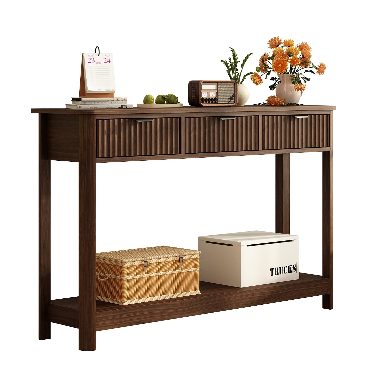 RUSTOWN Farmhouse Wood Console Table with 3 Drawers, Curved Profile Entryway Table with Storage Shelves and Open Storage Shelf, Modern Sofa Table with for Living Room, Foyer and Hallway (Dark Walnut)