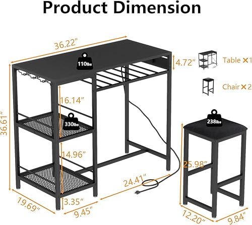 Miniatura 2 de Gyfimoie Juego de mesa y sillas de bar con toma de corriente, mesa de pub y sillas para 2 personas con 2 estantes de almacenamiento, juego de mesa