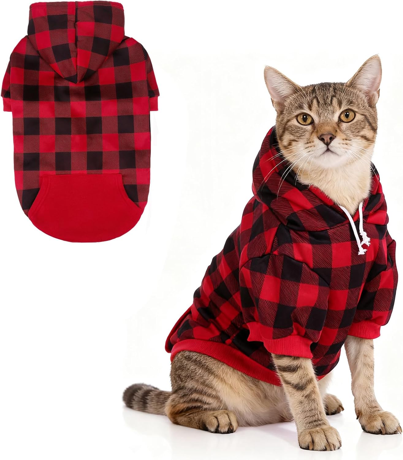 KOOLTAIL Plaid Cat Hoodie Pet Clothes Sweater with Hat and Pocket for Small Dogs Puppy Cats, Soft Winter Warm Dog Cold Weather Coat, Fleece Fall Dog Hooded Sweatshirt with Leash Hole, Christmas Red XS