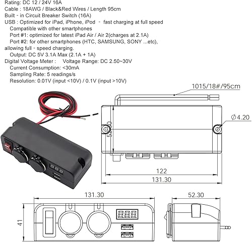 Miniatura 7 de Cllena Cargador de enchufe USB dual y doble toma de corriente de 12 V, adaptador divisor de encendedor de cigarrillos con voltímetro LED