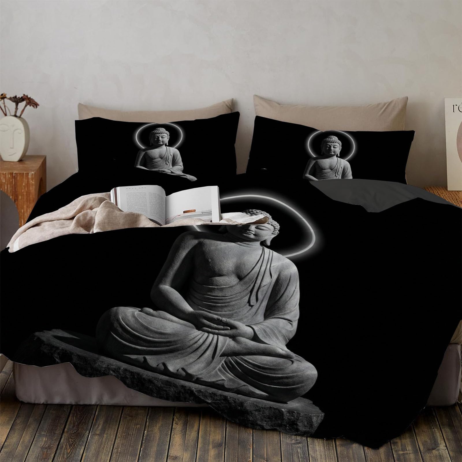 Housse de couette 200x200 bouddha noir parure lit 2 personnes microfibre