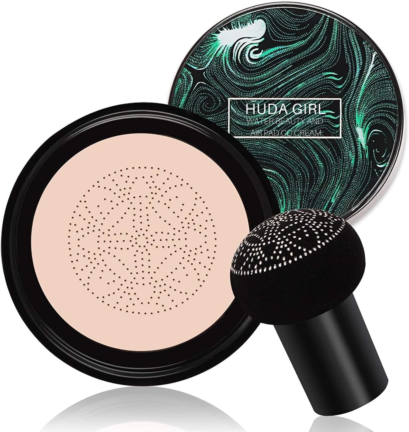 HUDA GIRL BEAUTY 2in1 Korean Foundation & CC Cream with Mushroom Head Brush Sponge- Waterproof, Long-Lasting, Full Coverage, Moisturizing Natural Finish - For Oily & Dry Skin Face Makeup