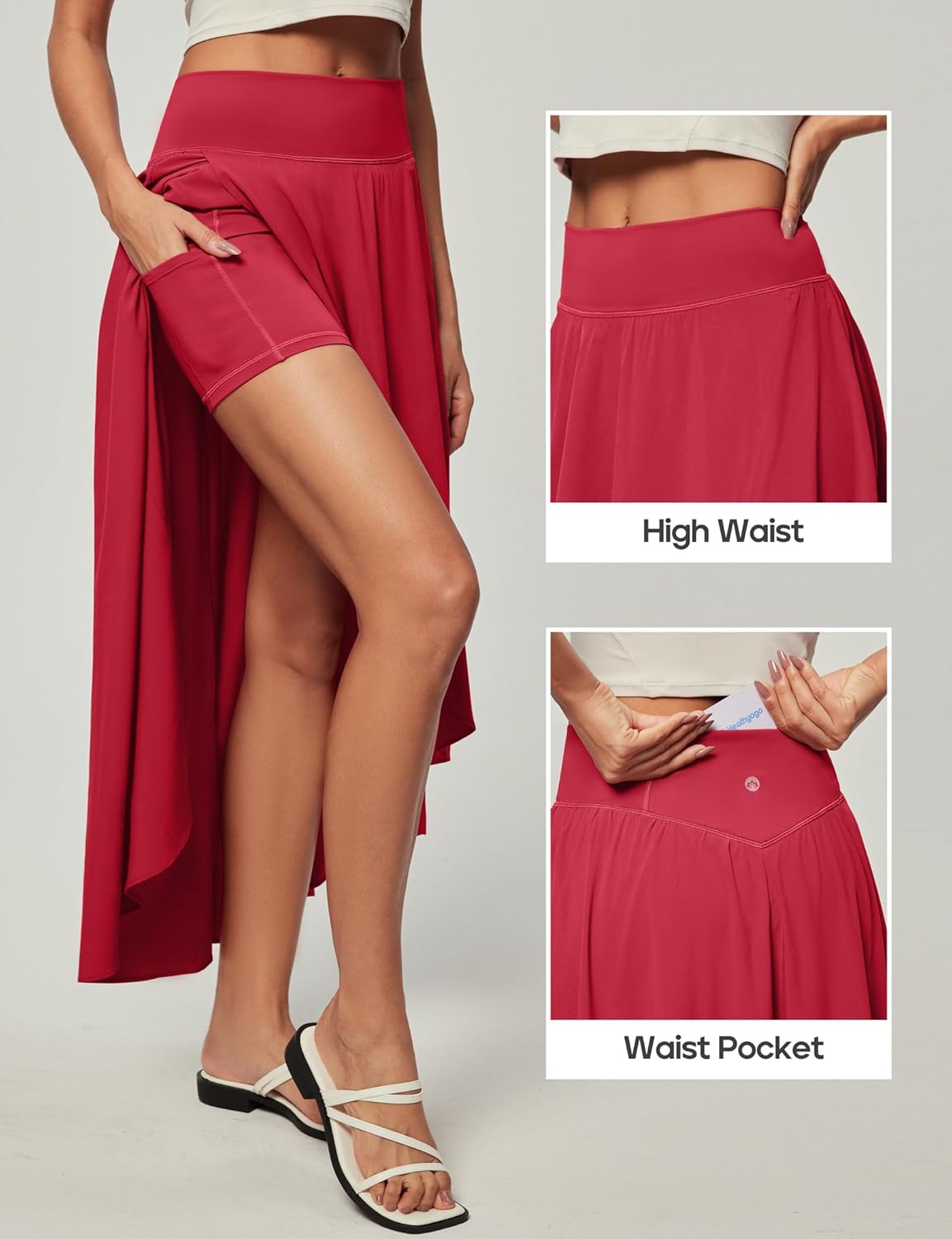 Heathyoga High Waist Wrap Skirt with Shorts Flowy Skirts for Women Trendy Summer Ruffle High Low Maxi Skirt with Slit - Image 3
