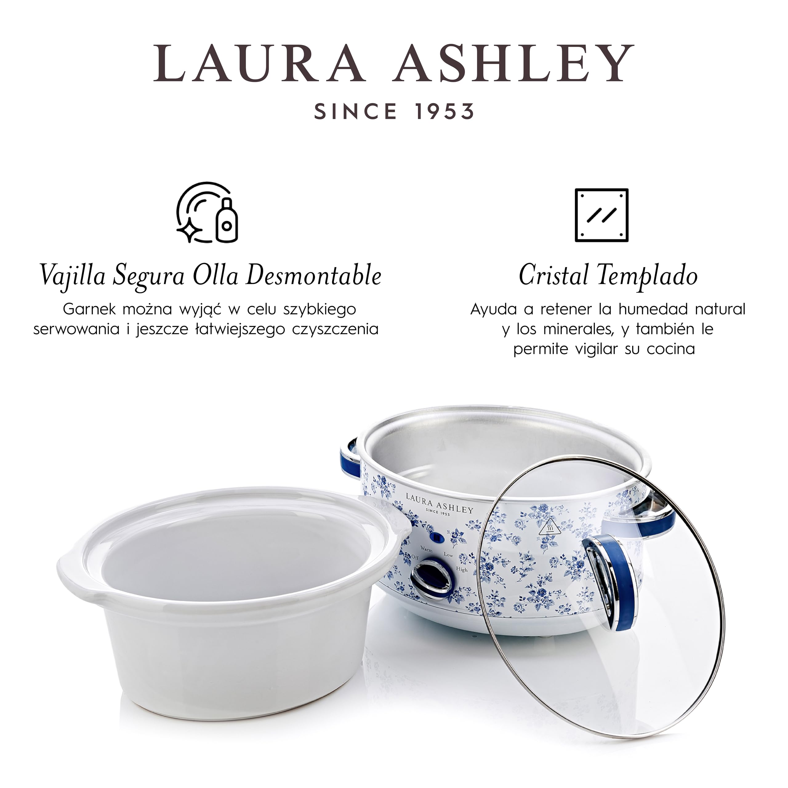 Laura Ashley Pentola Cottura Lenta 3,5 Litri con Stampa China Rose di VQ - Slow Cooker per 4 a 5 Persone, Economica in Energia, con 3 Impostazioni di Temperatura e Coperchio in Vetro Temperato
