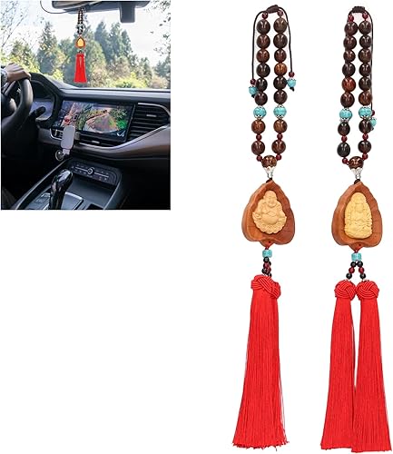 Miniatura 6 de Estatua de Buda pequeña estatua de Buda riendo Budista Colgante de coche con doble borla, decoración de Buda de boj, colgante seguro y auspicioso