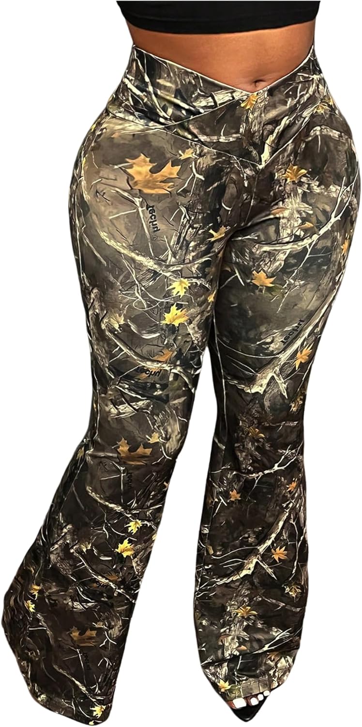 SweatyRocks Women's Plus Size Flare Leg Skinny Pants High Waisted Camo Leggings Bootcut Bell Bottom