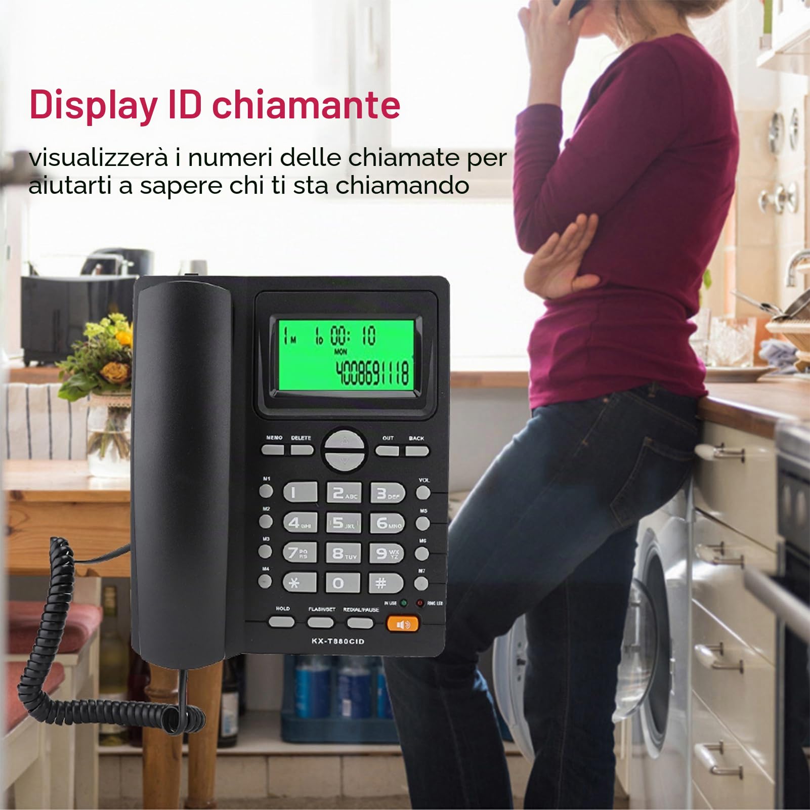 Telefono Fisso con Cavo, KX-T880C Telefono Fisso da Tavolo Senza Batteria Funzione di Visualizzazione 'ID Chiamante Muto Telefono Cablato Portatile per Casa, Hotel, Ufficio, Chiamate(Nero)