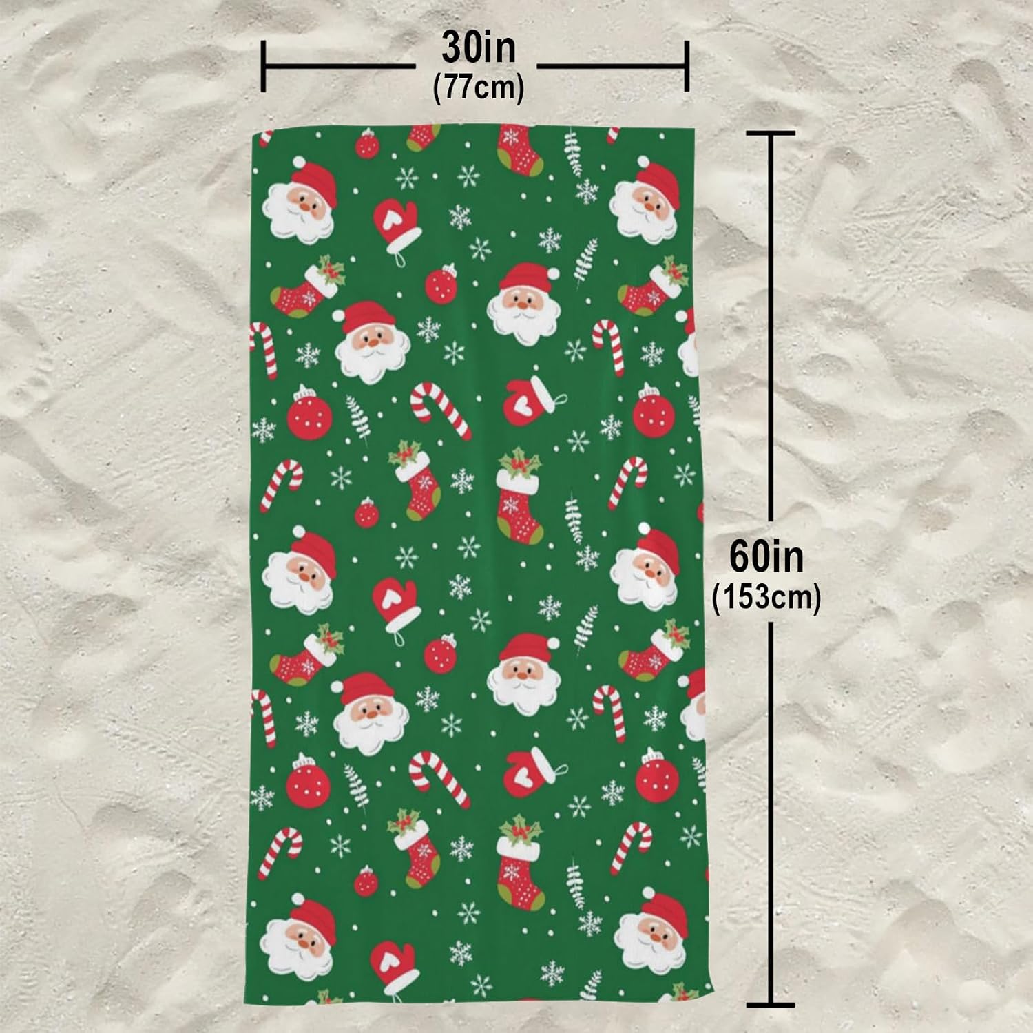 Green Xmas Santa Claus Beach Towel, Christmas Winter Theme Large Quick Dry Swim Bath Towels, Aldult Cute Stockings Snowflake Microfiber Pool Yoga Beach Accessories, 30x60 Inch/ 77X153cm image 5