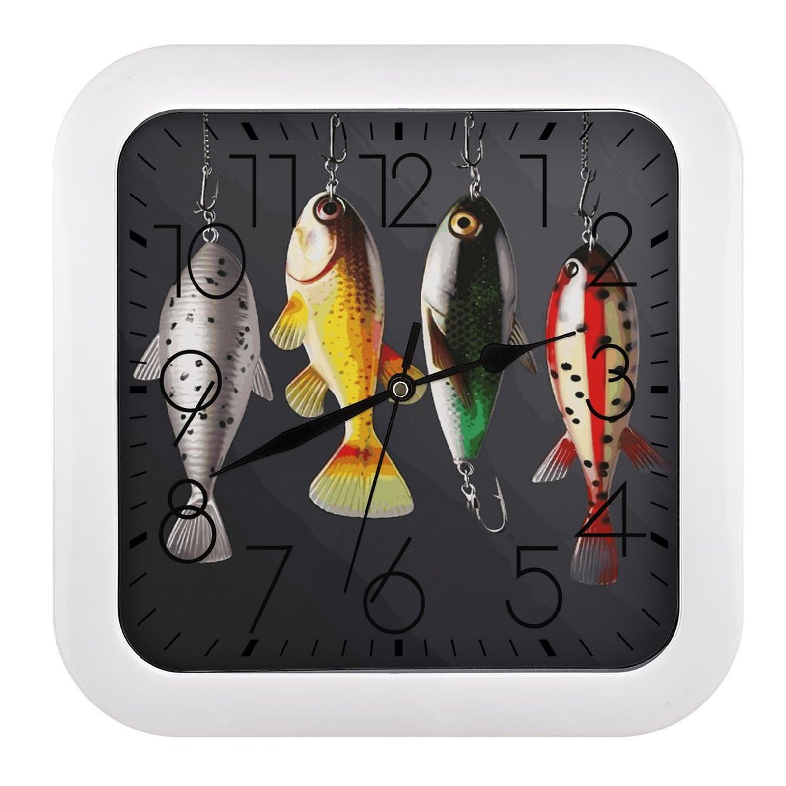 Horloge murale carrée de 25,4 cm silencieuse avec imprimé appâts de pêche