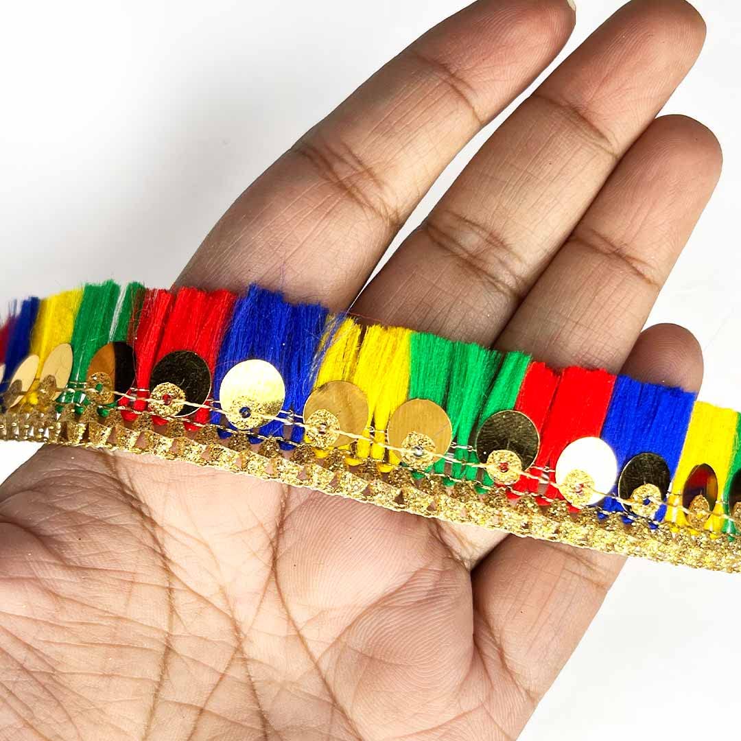 Craft Shop India Silk or Zari Thread Tassel Fringe Sequenced Lace & Border, 9 Meters, for Saree, Dupatta, Lehenga, Suit, Blouse & Home Furnishing, Crafting DIY (Multicolor)