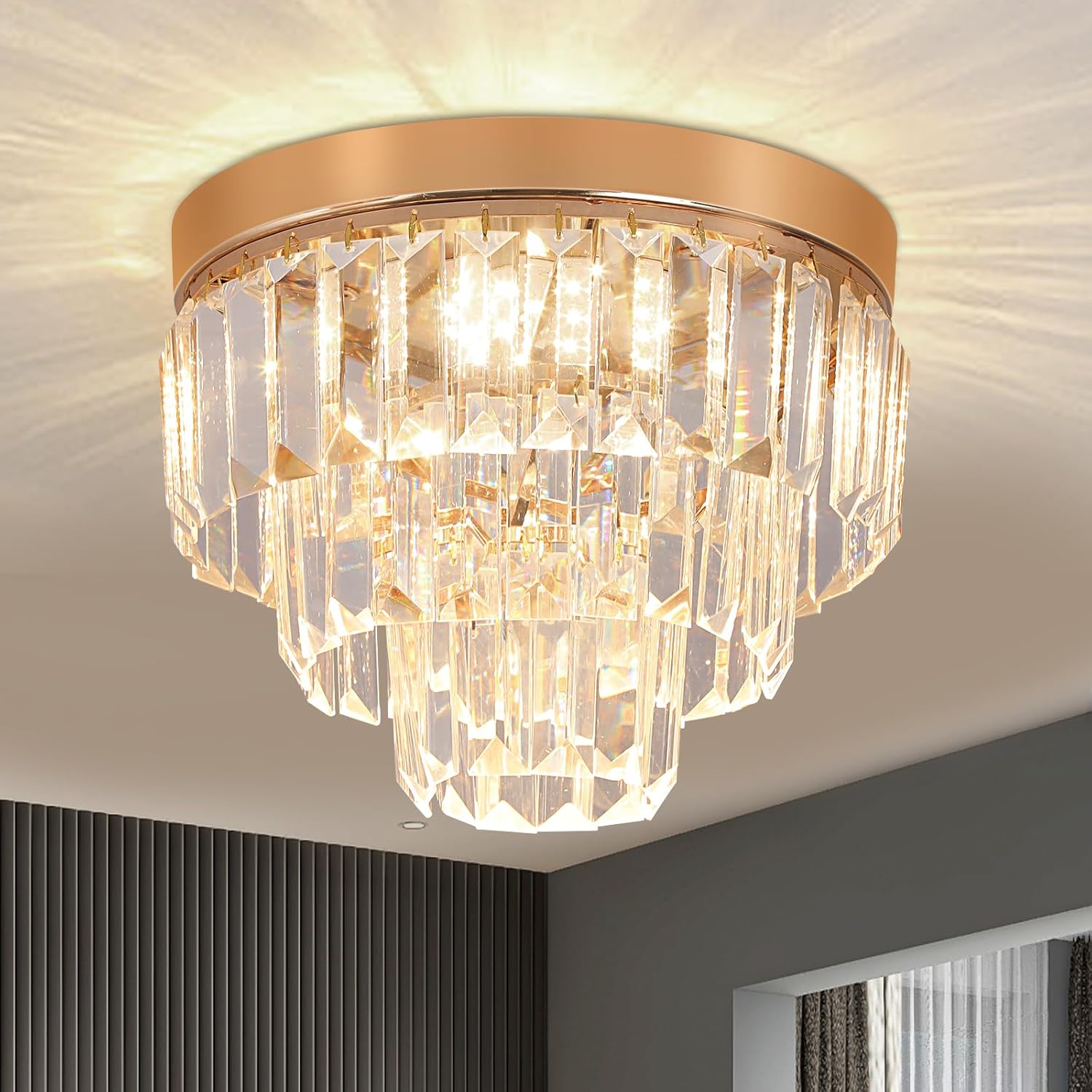 Crystal Flush Mount Ceiling Light 3-Tier Modern K9 Crystal Chandelier Gold Mini Round Hanging Pendant Light Luxury Chandeliers for Living Room Bedroom Dinning Room Hallway
