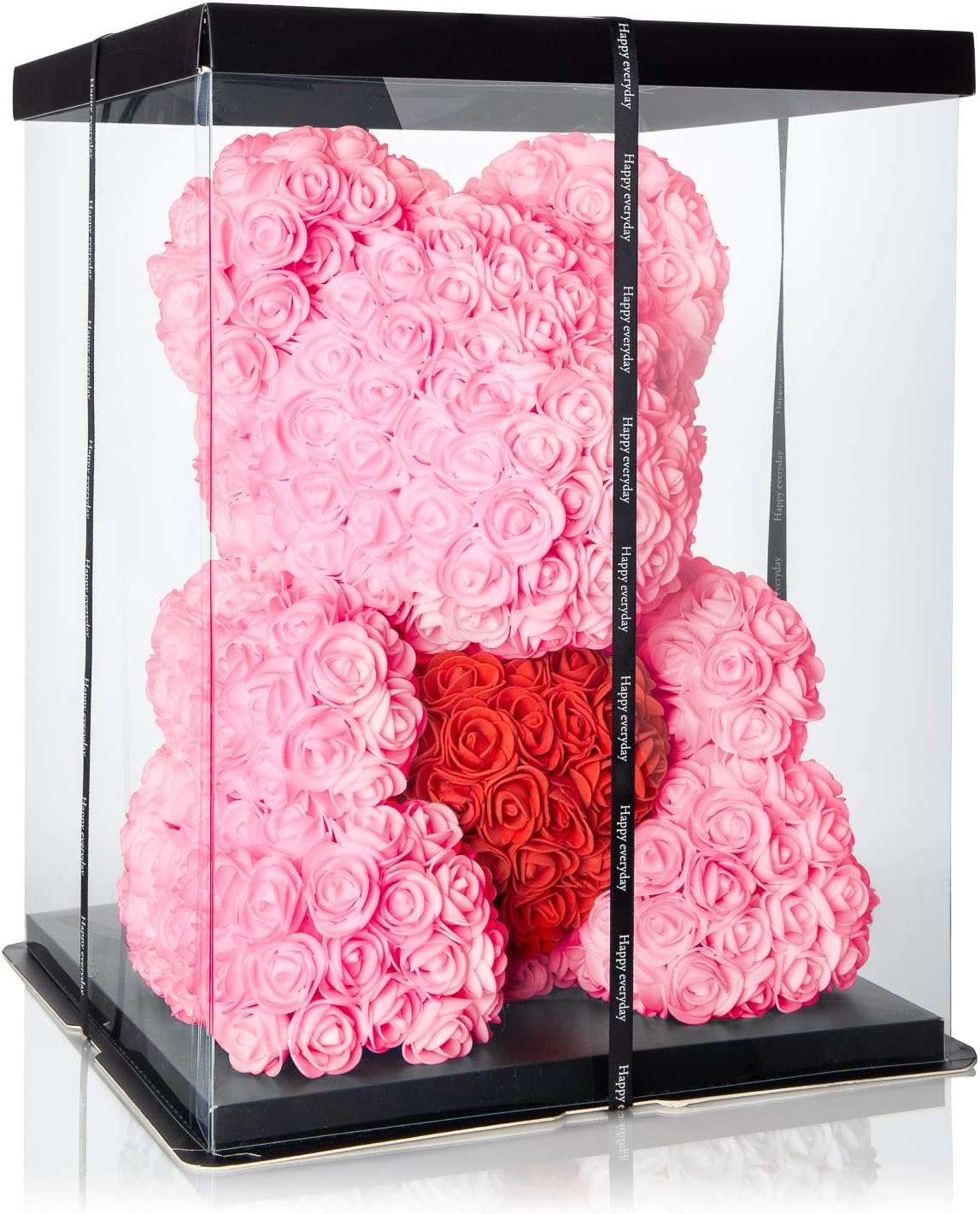 The Forever Rose Teddy Bear for Valentines - Gorgeous 14" Teddy Bear Made with Handmade Roses in Elegant, Fancy Valentine Gift Box (Pink w/Red Heart)