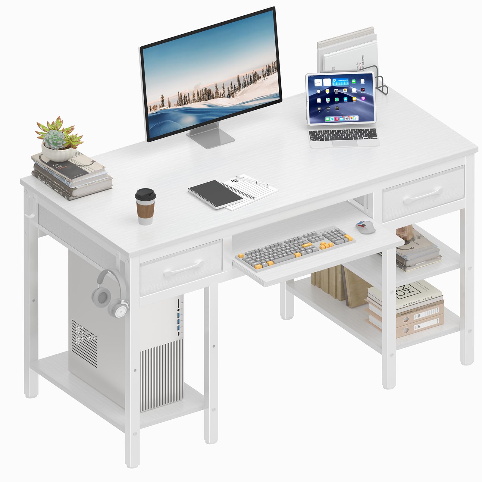 Lufeiya 47-inch White Desk with Keyboard Tray and Storage