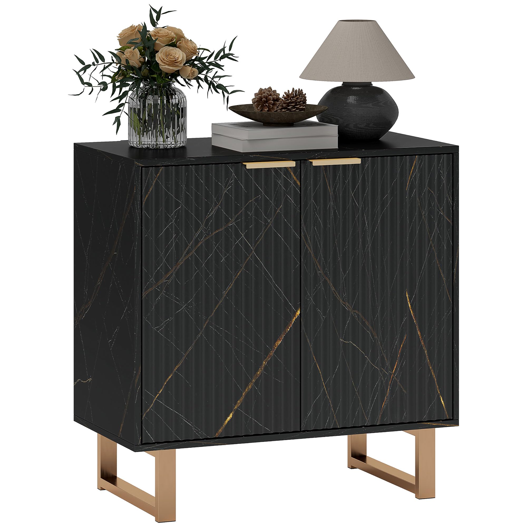 HOMCOM Sideboard Storage Cabinet, Marble Effect Buffet Cabinet with 2 Fluted Doors and Adjustable Shelves, Coffee Bar Cabinet with Metal Legs for Living Room, Black