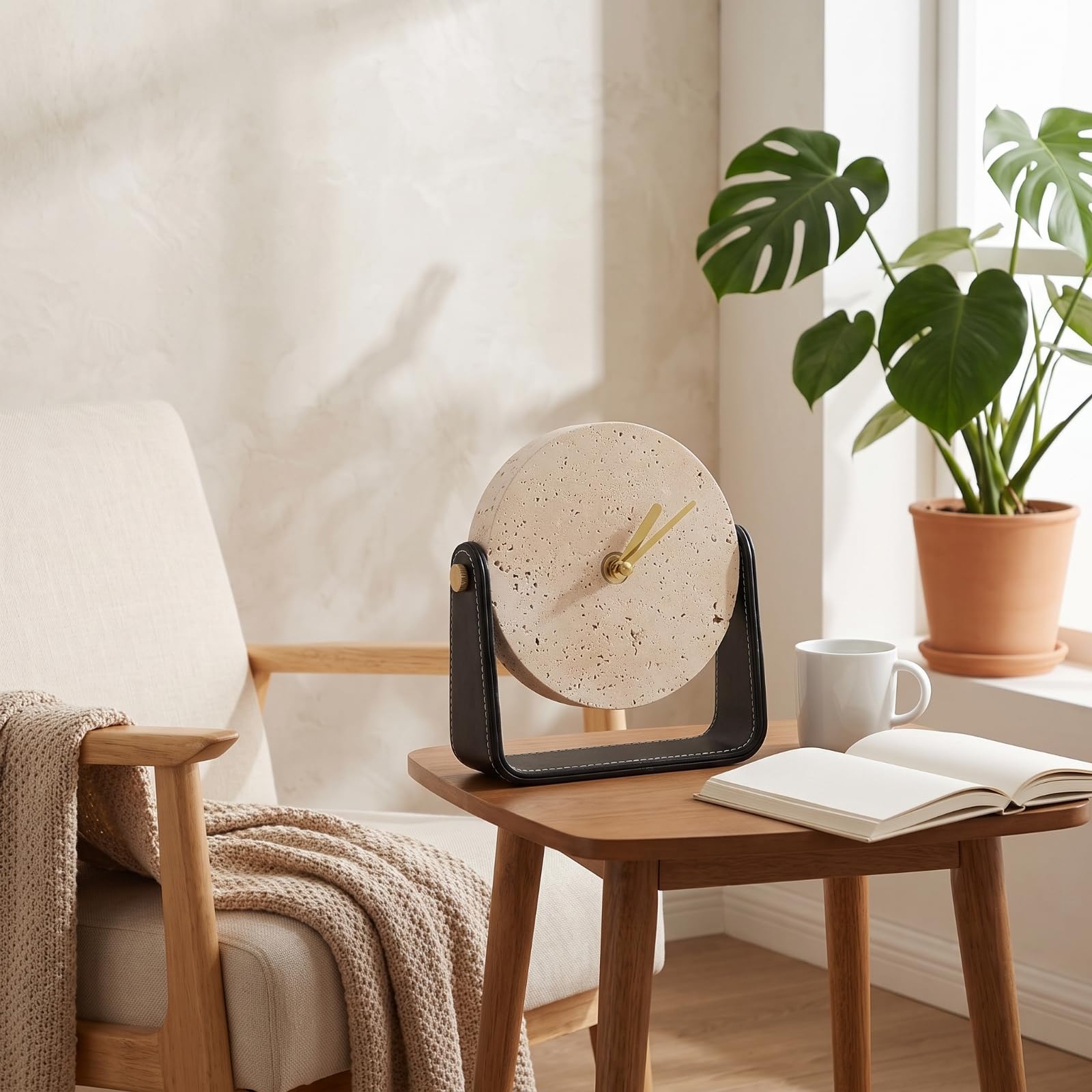 Tischuhr mit Metallständer Modern Dekouhr mit Steineffekt Minimalistisch Standuhr für Wohnzimmer, Büro