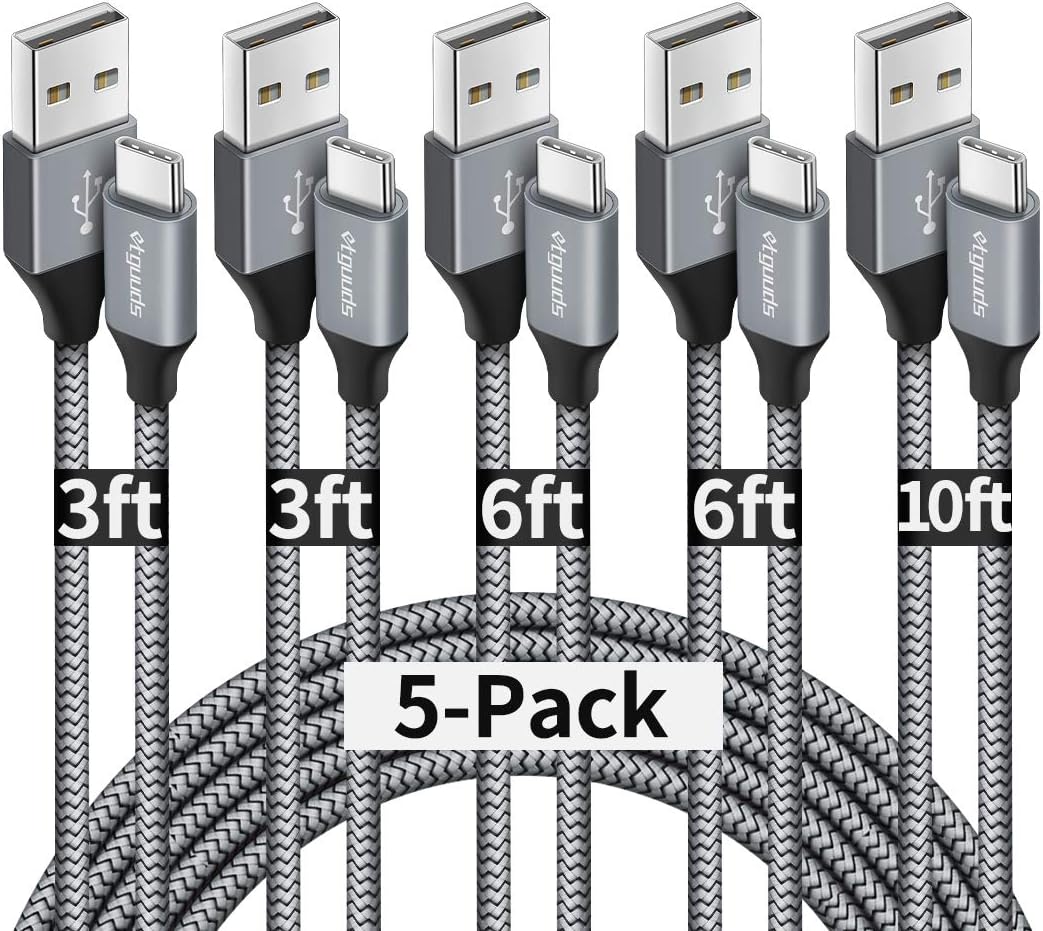 etguuds USB A to USB C Cable 5-Pack (3/3/6/6/10 ft), Fast Charging Type C Charger Cord for iPhone 17 16 15 Pro Max Plus Air, Samsung Galaxy S25 S24 S23 S22 S21 S20 A56 A17 A16, Pixel, Moto G, Gray