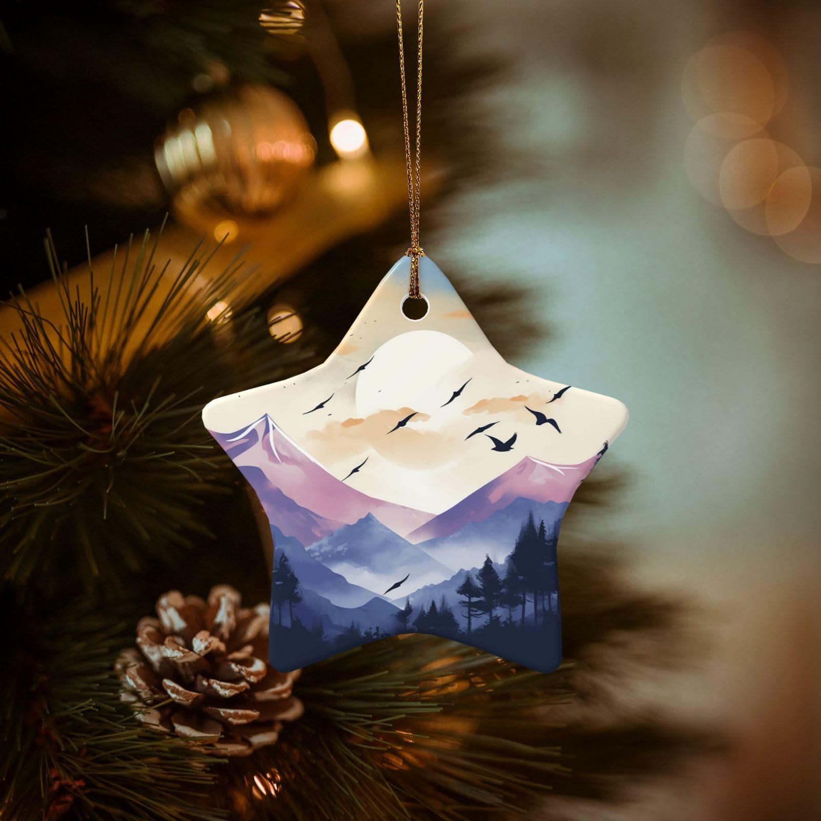 Christmas Tree Ornaments Ceramics Christmas Decorations Birds Flying at Sunset Ornaments with Gold Ribbon Porcelain Xmas Tree Crafts Star Shape Hanging Pendant for Christmas Tree Party Decor