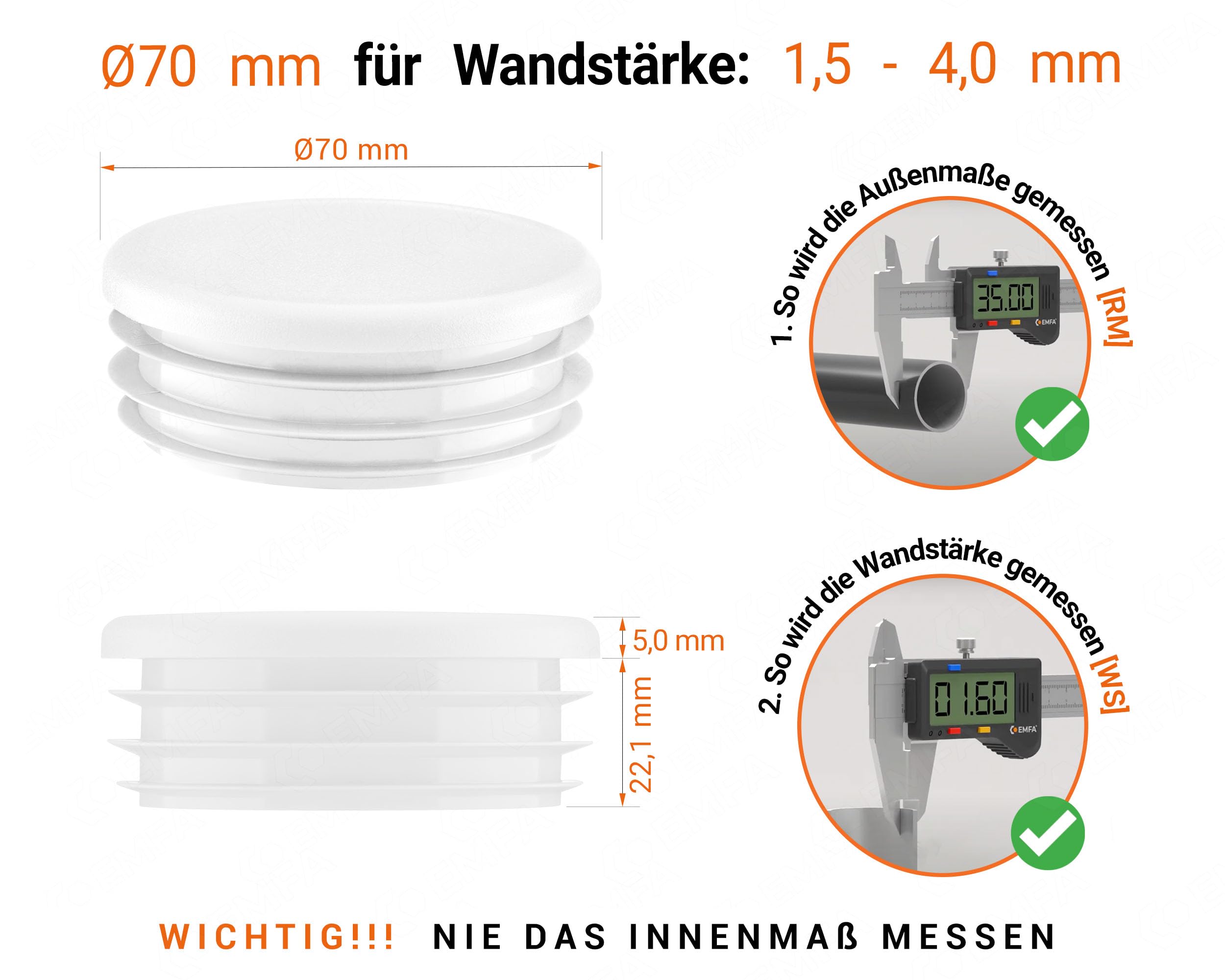 EMFA Tapón para Tubo Redondo Acanalado 70 mm Blanco, 100 Unidades | Tapa para Tubo, Capuchón para Tubo, Plástico PE, Protección contra el Polvo
