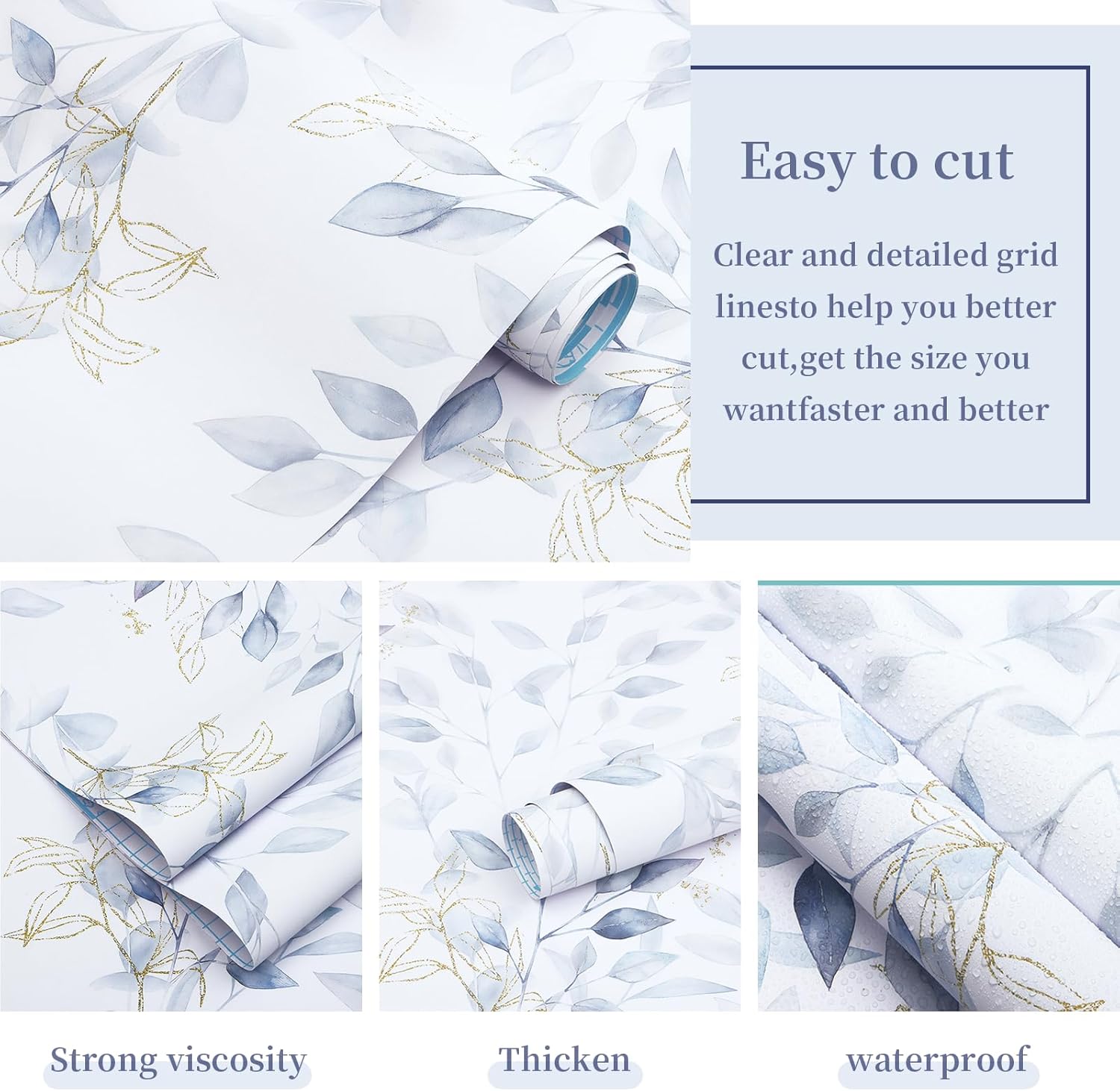 HeloHo Peel and Stick Wallpaper Blue Floral Leaf Wall Paper Self Adhesive Removable Thicken Waterproof Contact Paper for Bathroom Bedroom Living Room Decor Renter Friendly Wallpaper 15.35" X 78.7"