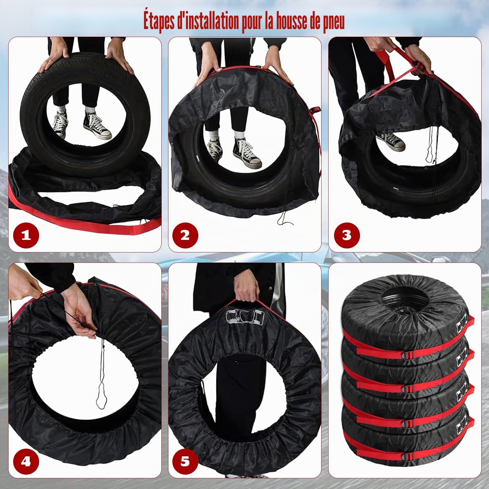 Lot de 4 Housses de Pneus de Secours de Voitur 18-22 In, Housse Roue de Secours de Rechange Universelle, Imperméable, Anti Poussière Neige, Housses de Protection de Roue Voiture avec poignée renforcée