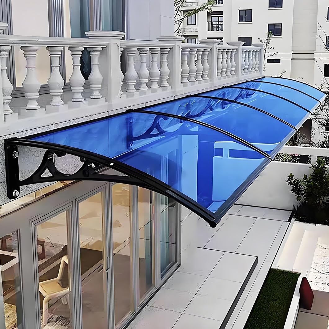 Auvent de porte en polycarbonate bleu 60x110cm avec support aluminium pour l'extérieur
