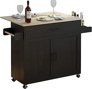 IRONCK Rolling Kitchen Island Table on Wheels with Drop Leaf, Storage Cabinet, Drawer, Spice/Towel Rack, Kitchen Cart, 47.25" Wide Black