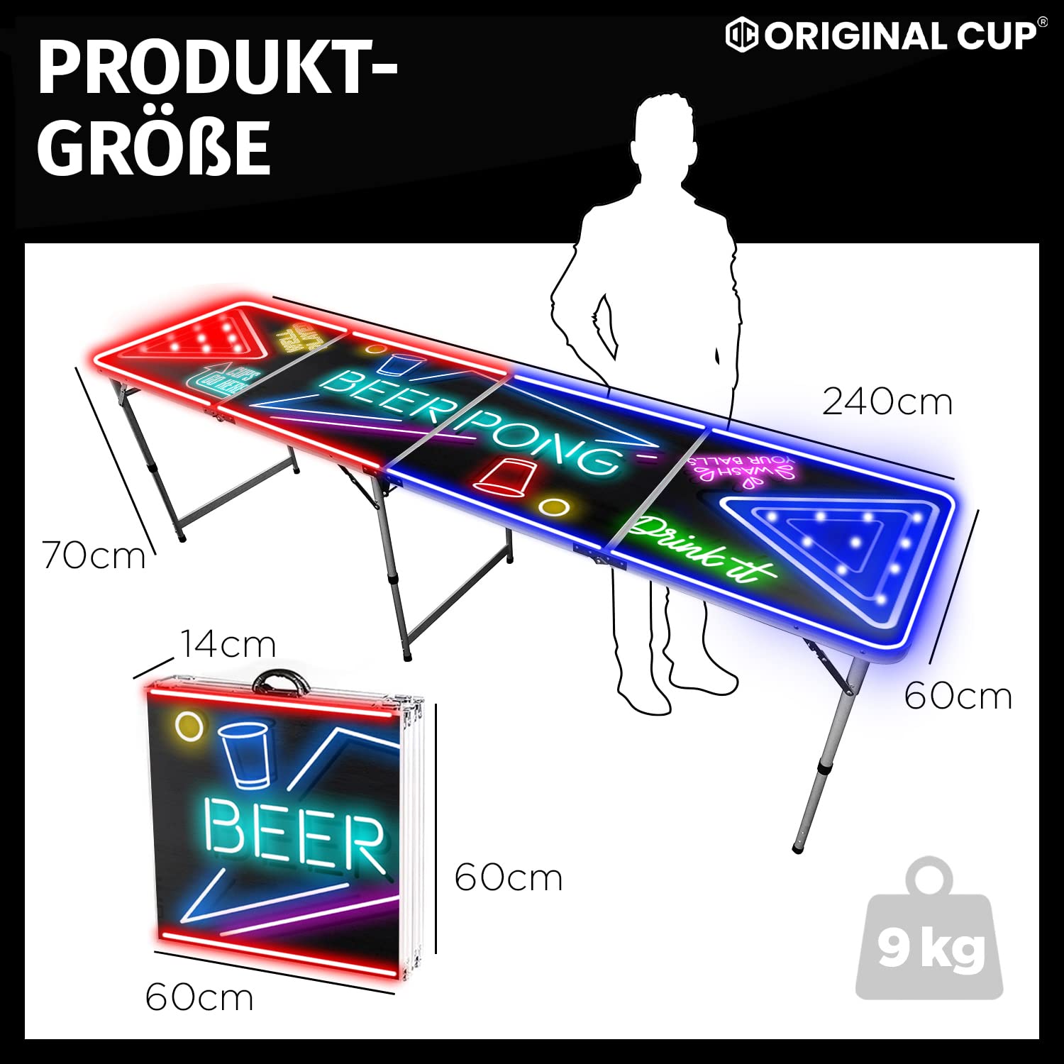 Beer Pong Offizieller Spotlight Tisch Set | Mit LED Beleuchtung | LED Full Pack | Inkl. 1 Tisch + 120 Becher 53cl (60 Rot & 60 Blau) + 6 Ping-Pong-Bälle | Premium Qualität