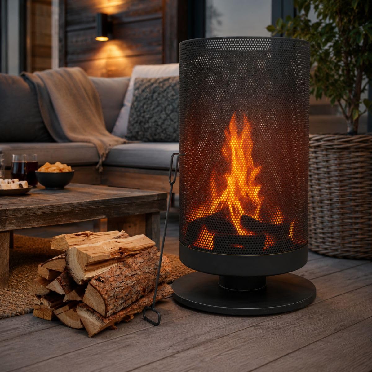 BBQ Collection Feuertonne mit Funkenschutz - Feuerkorb 44,5 x 72,5 cm - Terassenofen mit Schürhaken - Feuerstelle Outdoor für Garten und Terrasse - Terrassenfeuer - Karbonstahl