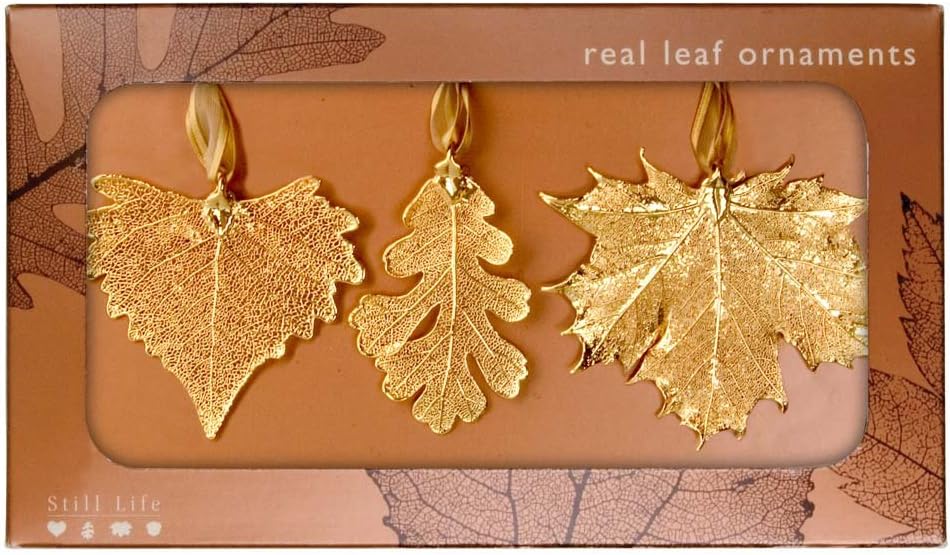 Real Leaf Ornaments, Set of 3 Gold Ornaments - Cottonwood, Lacy Oak, and Sugar Maple