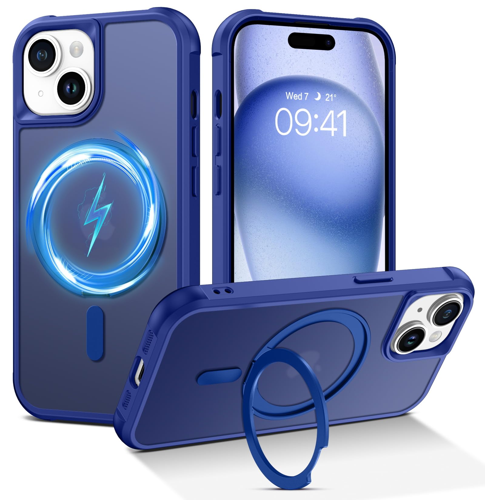 BENTOBEN Magnetic Case for iPhone 15 Plus, Slim Fit Translucent Matte Shockproof Protective Cover with Invisible Kickstand [MagSafe Compatible], Blue