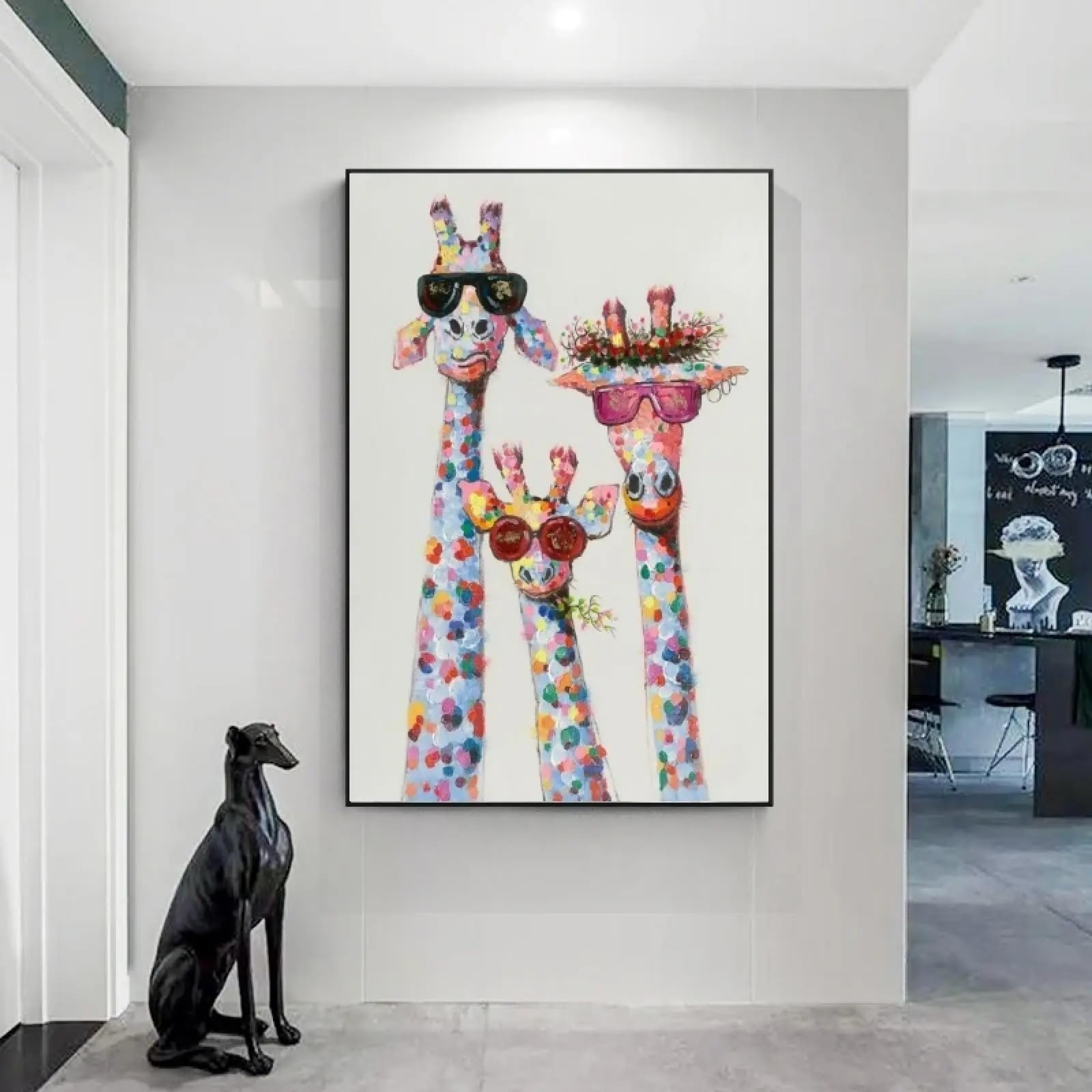 Żyrafa rodzina w okularach płótno artystyczne obrazy obrazy zwierzęta sztuka uliczna plakaty i wydruki do pokoju dziecięcego dekoracja 60 x 80 cm czarna ramka