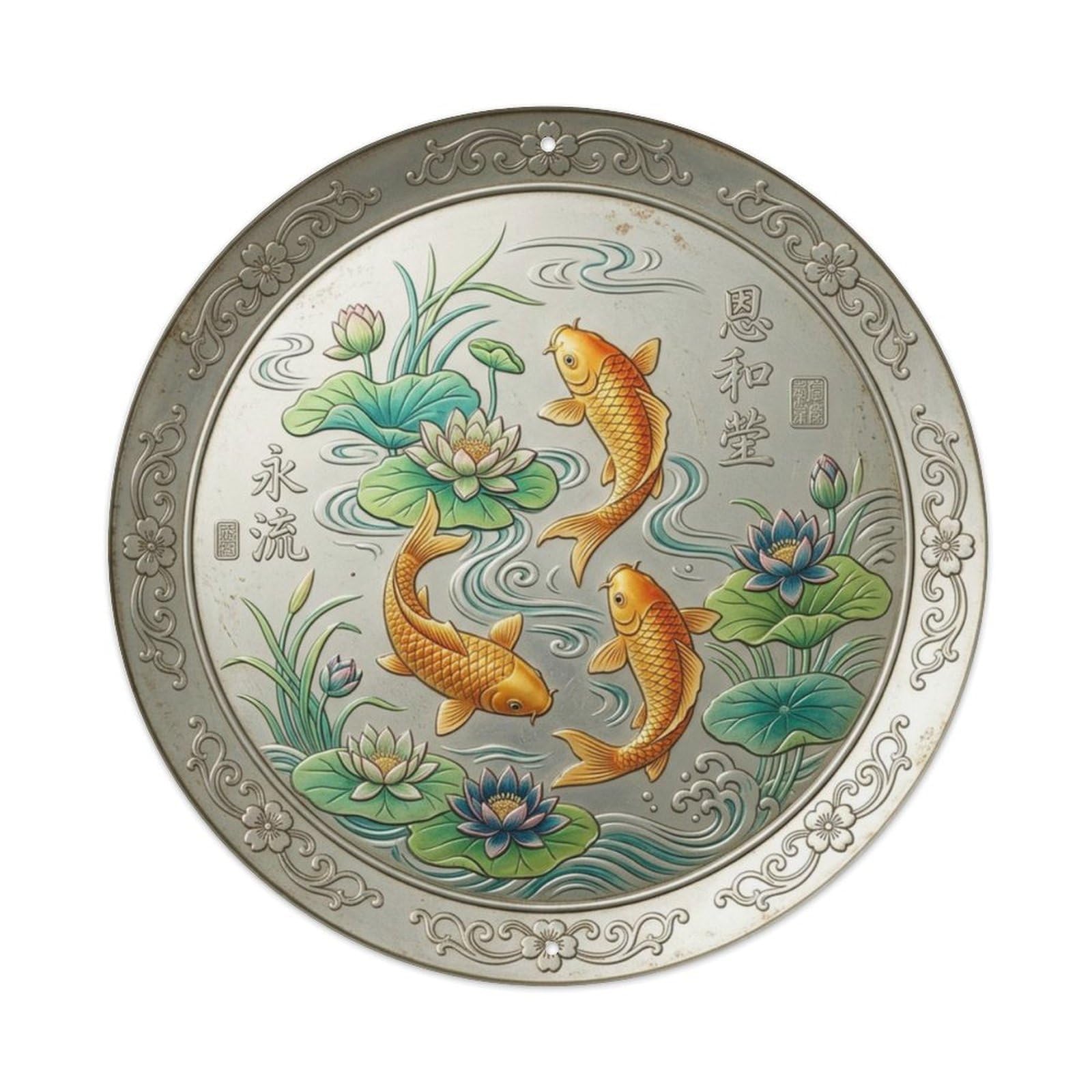 Golden Pond Bedroom Koi Fish Metal Tin Sign Plaque Wall Decor for Cafe, Club Bar, Office, Home Garden Round Metal Poster 8x8Inch