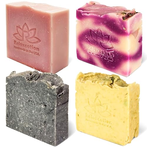 Relaxcation 4 barras de jabón natural, barra de jabón de lavanda, rosa, oliva y carbón