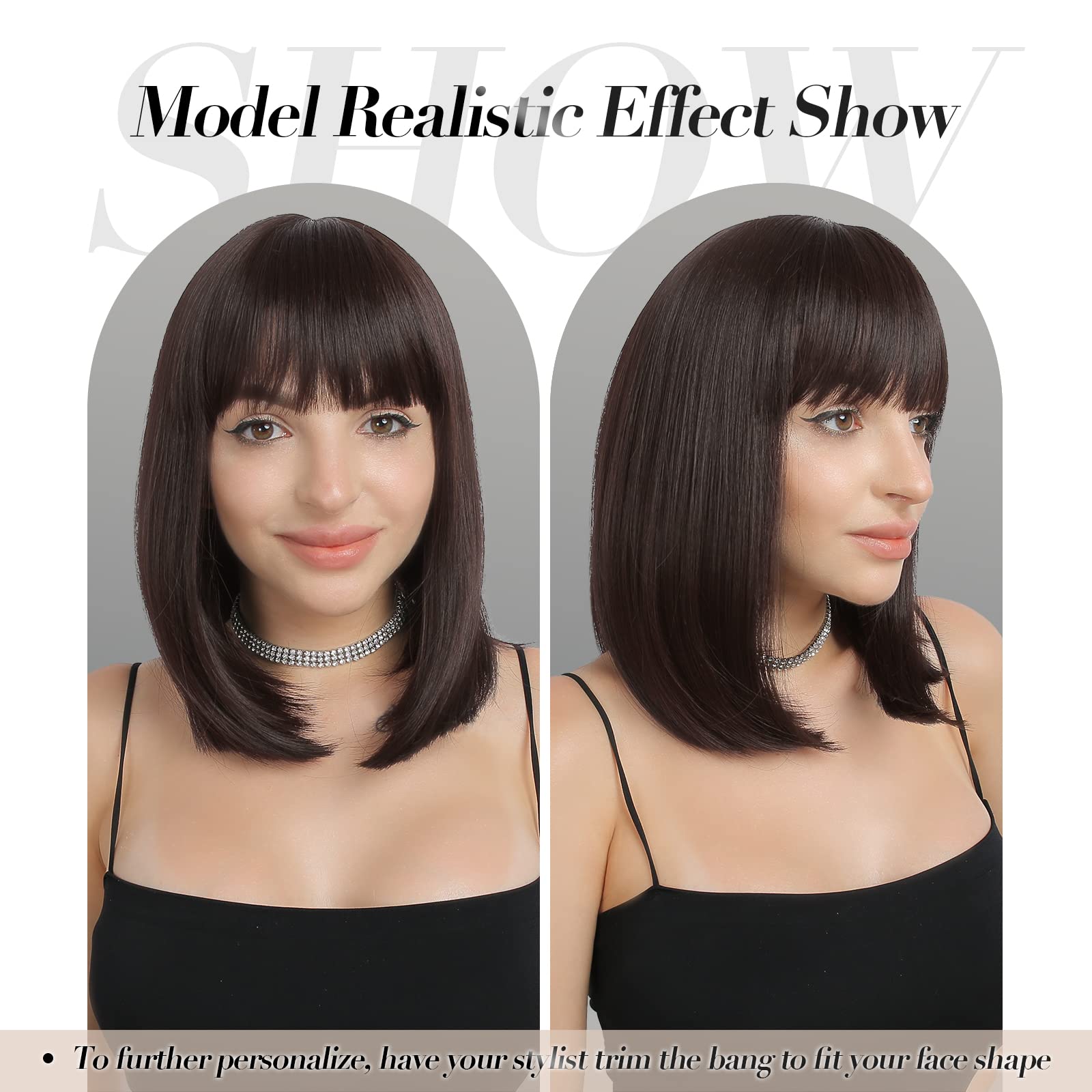 FESHFEN Nero Marrone Corta Parrucca con Frangia Lisci Bob Parrucche Naturale Sintetiche Dritto Uso Quotidiano del Partito Parrucche Capelli per Donne 35cm