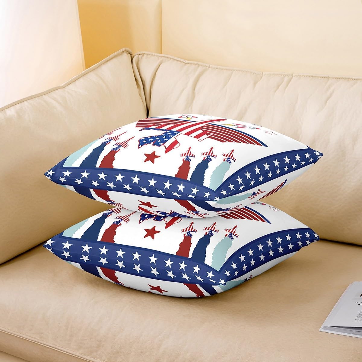 American Flag Pillow Case Cover Soft Square 22"x 22",Airplane Flying Plane Pillow Cover Reversible Print,Aircraft Decorative Throw Pillow Cover,Pack of 2