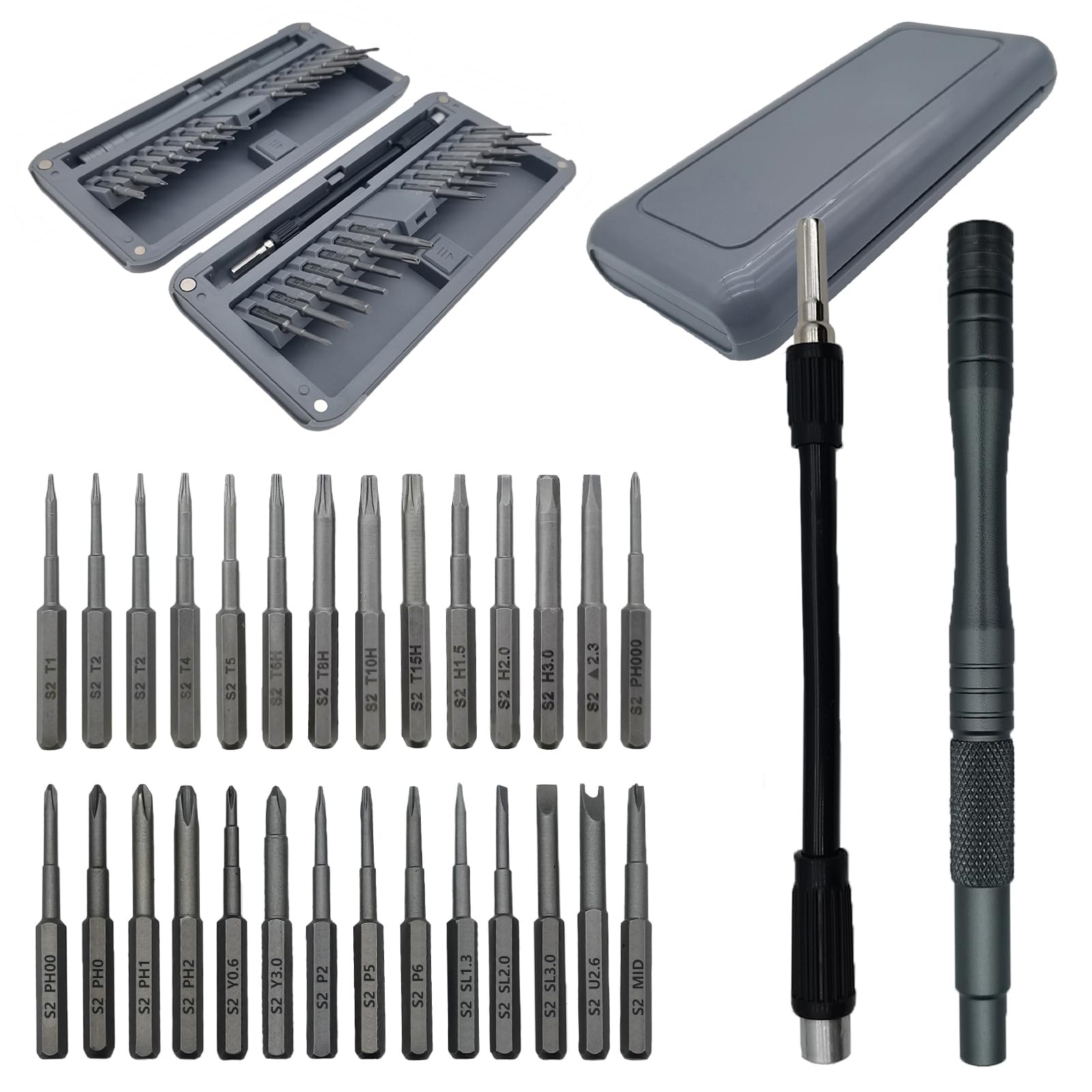 SOWINOS Precision Screwdriver Set, 30 IN 1 Magnetic Screwdrivers Bit Set (Triangle, Star, Y, Torx, Phillips, Slotted, U, Hex, Heads) Glasses