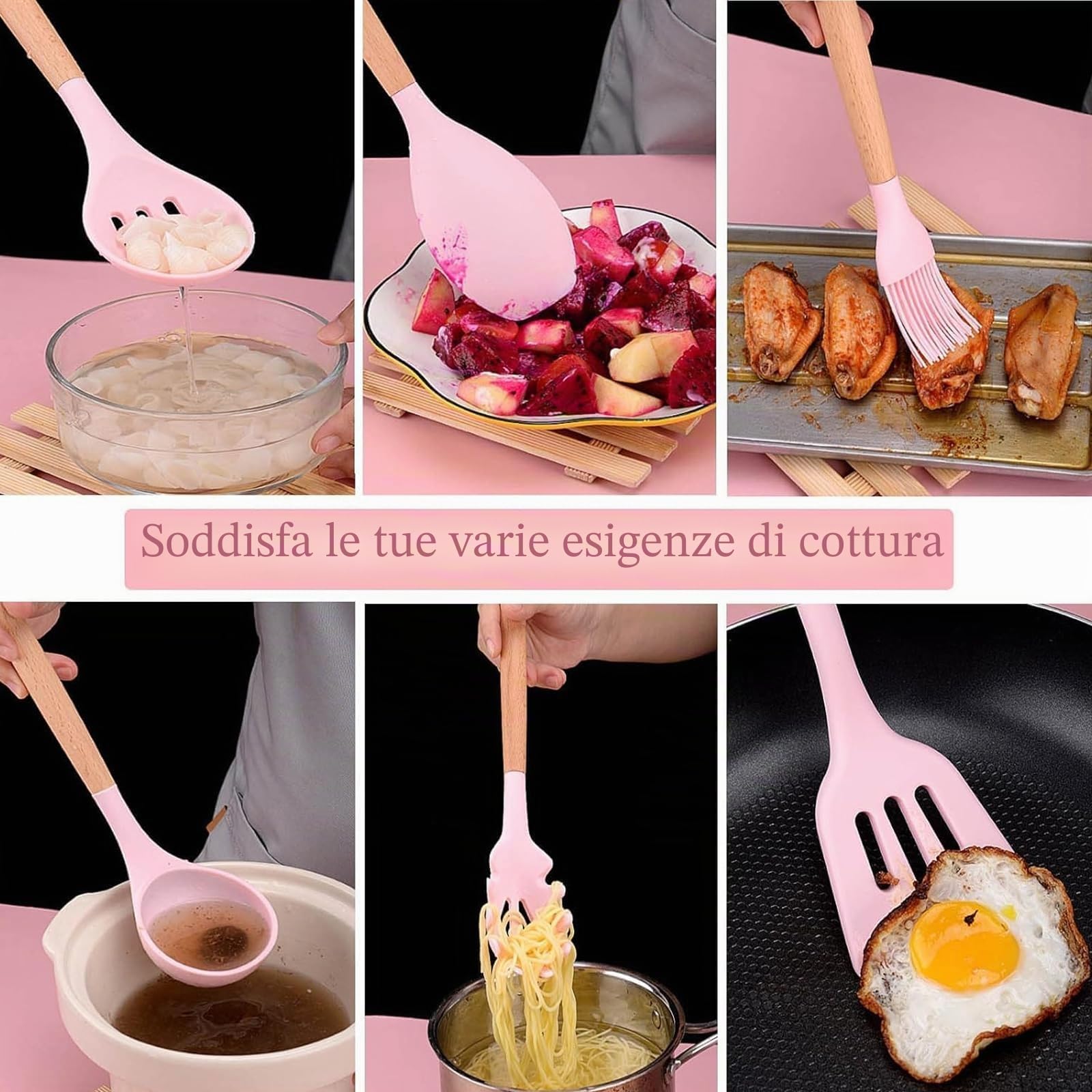 Justup Set di coltelli con blocco portacoltelli, set di coltelli da cucina rosa con blocco, 19 utensili da cucina con 6 set di coltelli e 11 spatola in silicone, utensili da cucina antiaderente con