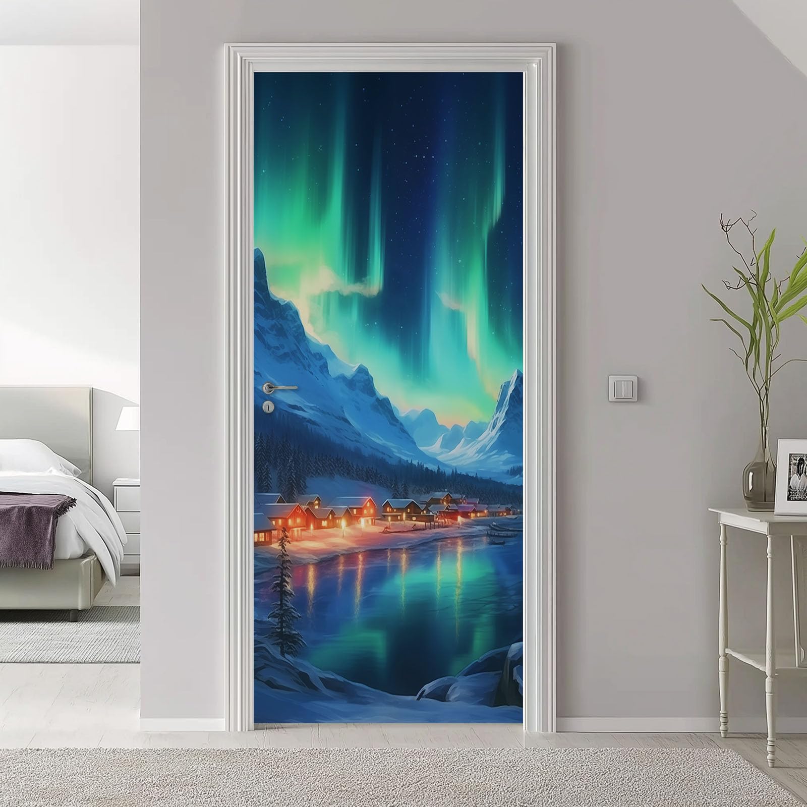 Natura krajobraz plakat naklejka na drzwi, samoprzylepna naklejka ścienna wzór zorza zorza wiejska góry, niebiesko-zielone naklejki na drzwi z PCV do sypialni salon kuchnia, 95x215 cm