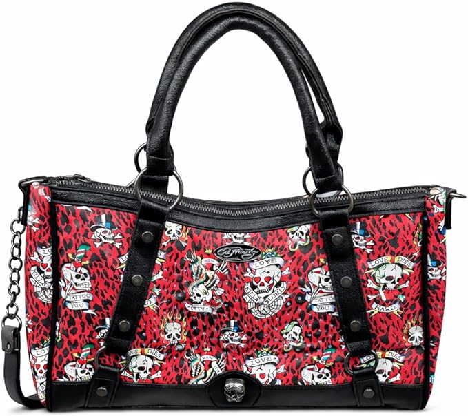 Bolso calavera leopardo ED Hardy correa cruzada estampado rojo Halloween moda accesorio