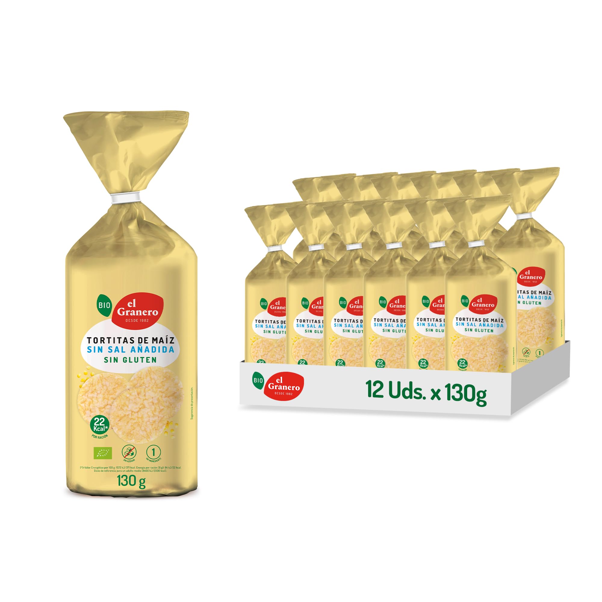 El Granero Integral - Pack de 12 Unidades de 110 g de Tortitas Ecológicas de Maíz Sin sal añadida - 110 g - Sin Azúcar Añadido y Sin Gluten - Aptas para Veganos - Alto Contenido en Hidratos de Carbono