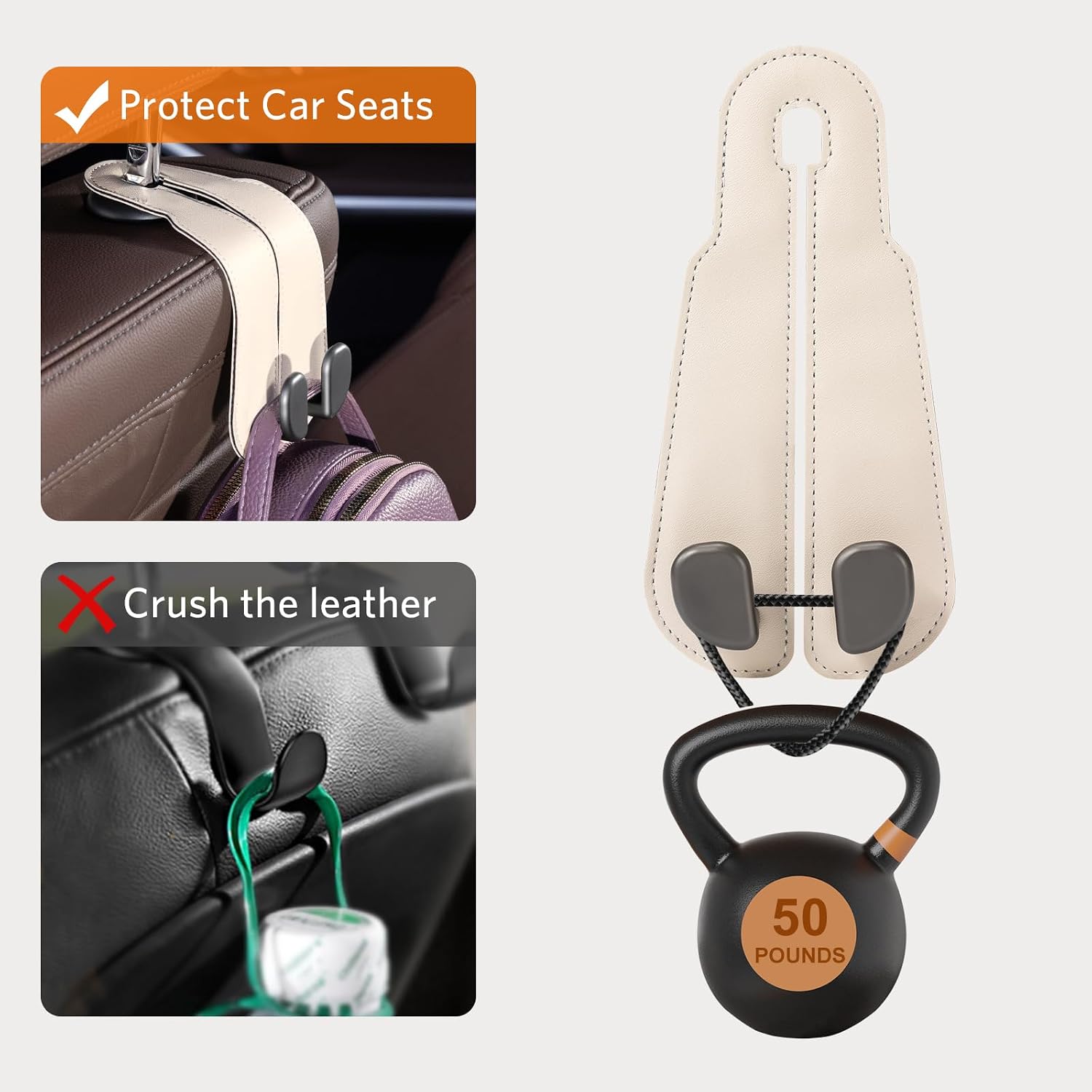 CoBak Purse Hook for Car - Universal Premium Stitched Leather and Aluminum-Magnesium Alloy Double Car Seat Back Storage Hook for Purses, Handbags, Bags (4 Pack),Beige image 4