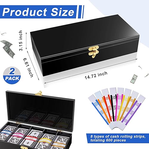 Miniatura 2 de 2 cajas de acrílico con cerradura con 600 envoltorios de moneda, organizador de efectivo de 5 compartimentos con cubierta con cerradura, bandeja de