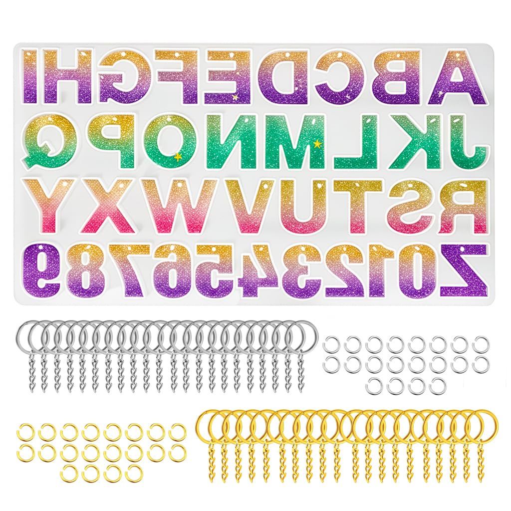 Photo 1 of *** MISSING KEYCHAINS ***Reversed Resin Casting Alphabet Mold, Sturdy Letter & Number Silicone Mold for Epoxy Crafts, Resin Keychains, Crayons, Soap, Clay Crafts, 40 Keychain Rings (20 Gold & 20 Silver) Included
