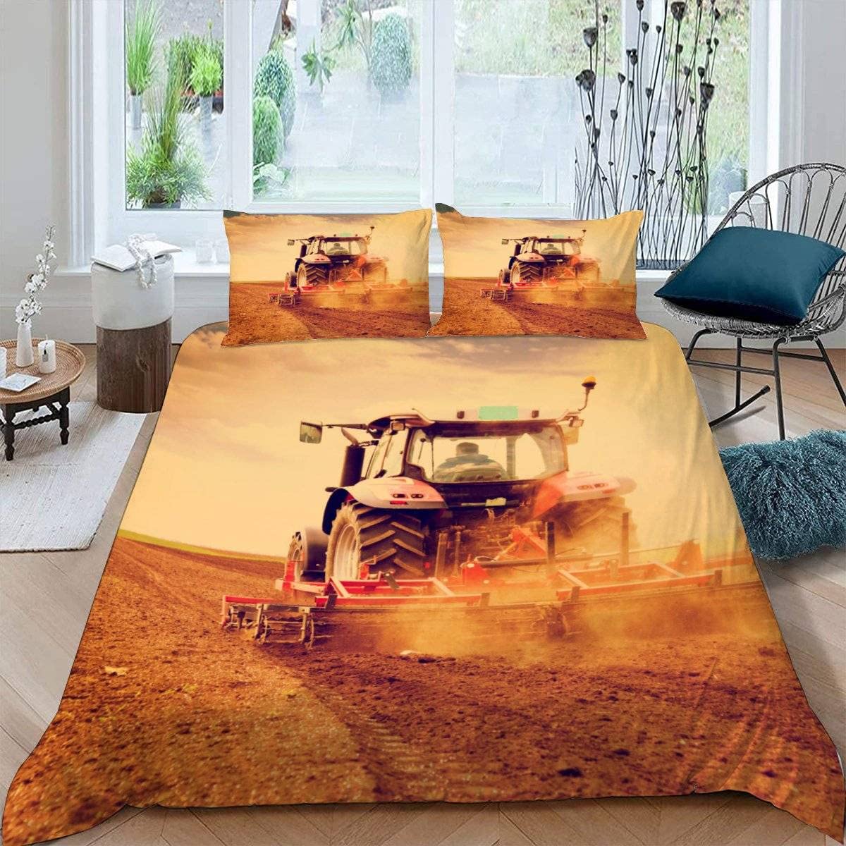 RFFLUX 3D Tractor Single Duvet Cover Set 3 Pieces 135x200 Soft Microfiber Farm Combine Harvester Quilt Cover with Zipper Closure Easy Care Bedding Set with 2 Pillowcase for Kids Boys Girls Teens