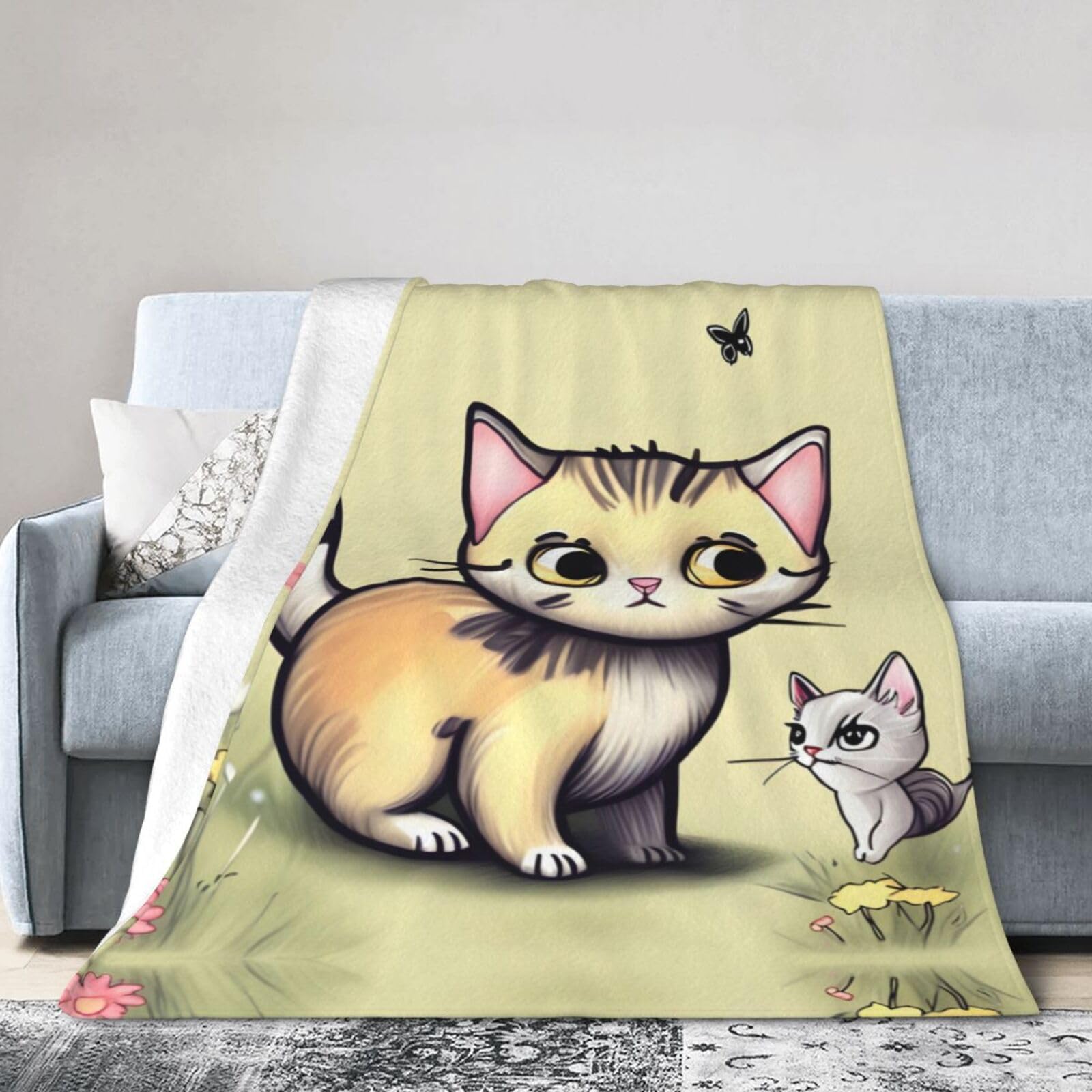 Cat and Butterfly 40"x30" Fleece Blanket, Full Size, Super Soft, Suitable for Bed, Sofa, Camping, All Seasons