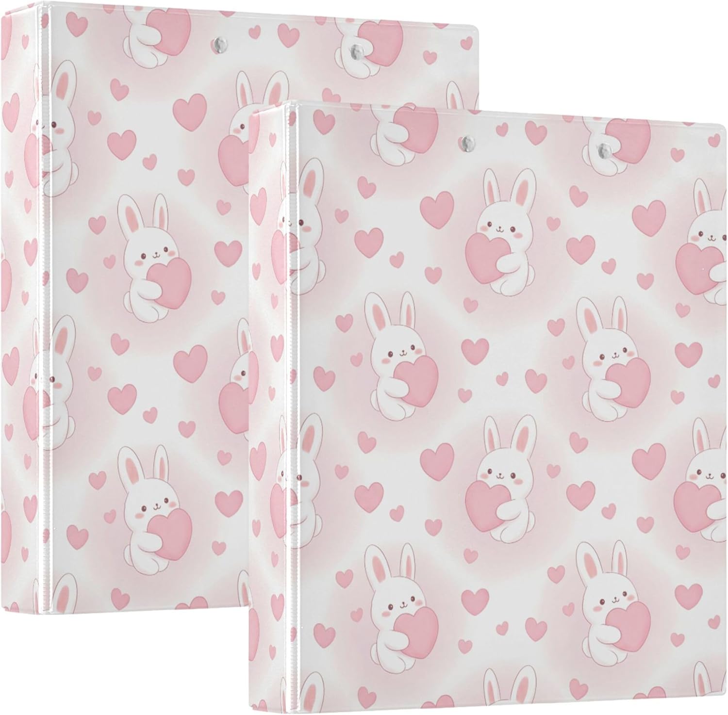 Cute Valentine's Day Rabbit Heart 3 Ring Binders, 1.5” Round Ring Binders with Clipboard - Letter Size, 3 Interior PVC Clear Pockets & Anti-Slip Clip for Office School Supplies, 2PCS