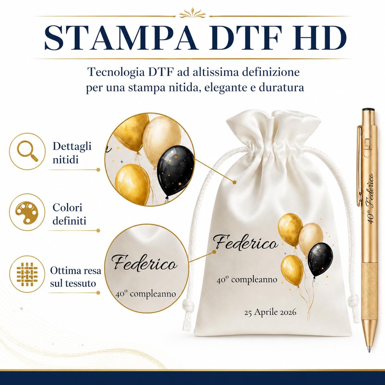 Cormar Kit 12 Sacchetti e 12 Penne Personalizzati Compleanno (STILE 1) | Venduti a Multipli di 12, Pronti da Regalare, Palloncini Oro e Nero, Sacchetto in Raso, Penna Dorata Inclusa